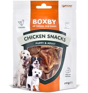Boxby Chicken Snacks 100 gr. Naturlige Boxby hundesnacks Boxby laver en række velsmagende og sunde snacks til hunde. Boxby hundesnacks er naturlige og fyldt med kød og protein. Boxby har snacks til hunde i alle aldersgrupper: fra hvalpe til seniorhunde. Alle produkterne indeholder udelukkende næringsrige ingredienser, der bl.a. bidrager til at styrke din hunds knogler, fordøjelsessystemet samt fremme dens generelle helbred. Så du giver ikke kun din hund en lækkerbisken, men også en fornuftig og sund godbid!  Naturlige snacks  Godbidder uden korn  Indeholder masser af kød eller fisk  Velegnet til hunde i alle aldre  Bidrager til sunde knogler og et godt fordøjelsessystem    