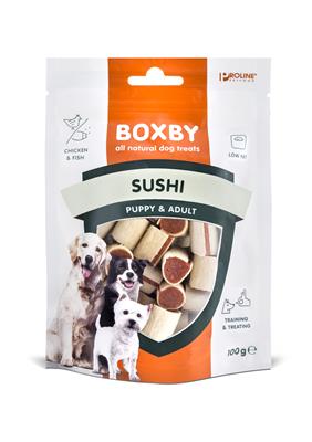 Boxby Orginal Sushi 100 gr. Naturlige Boxby hundesnacks Boxby laver en række velsmagende og sunde snacks til hunde. Boxby hundesnacks er naturlige og fyldt med kød og protein. Boxby har snacks til hunde i alle aldersgrupper: fra hvalpe til seniorhunde. Alle produkterne indeholder udelukkende næringsrige ingredienser, der bl.a. bidrager til at styrke din hunds knogler, fordøjelsessystemet samt fremme dens generelle helbred. Så du giver ikke kun din hund en lækkerbisken, men også en fornuftig og sund godbid!  Naturlige snacks  Godbidder uden korn  Indeholder masser af kød eller fisk  Velegnet til hunde i alle aldre  Bidrager til sunde knogler og et godt fordøjelsessystem    